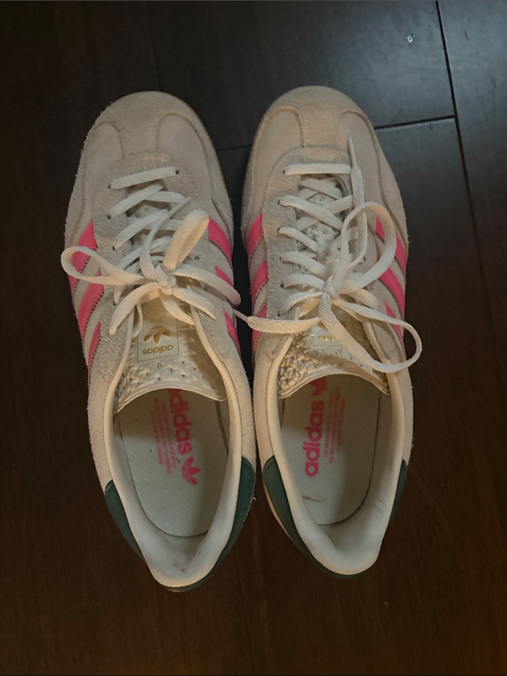 adidas Women's Cream Suede Sneakers with Pink Stripes and Teal Heel